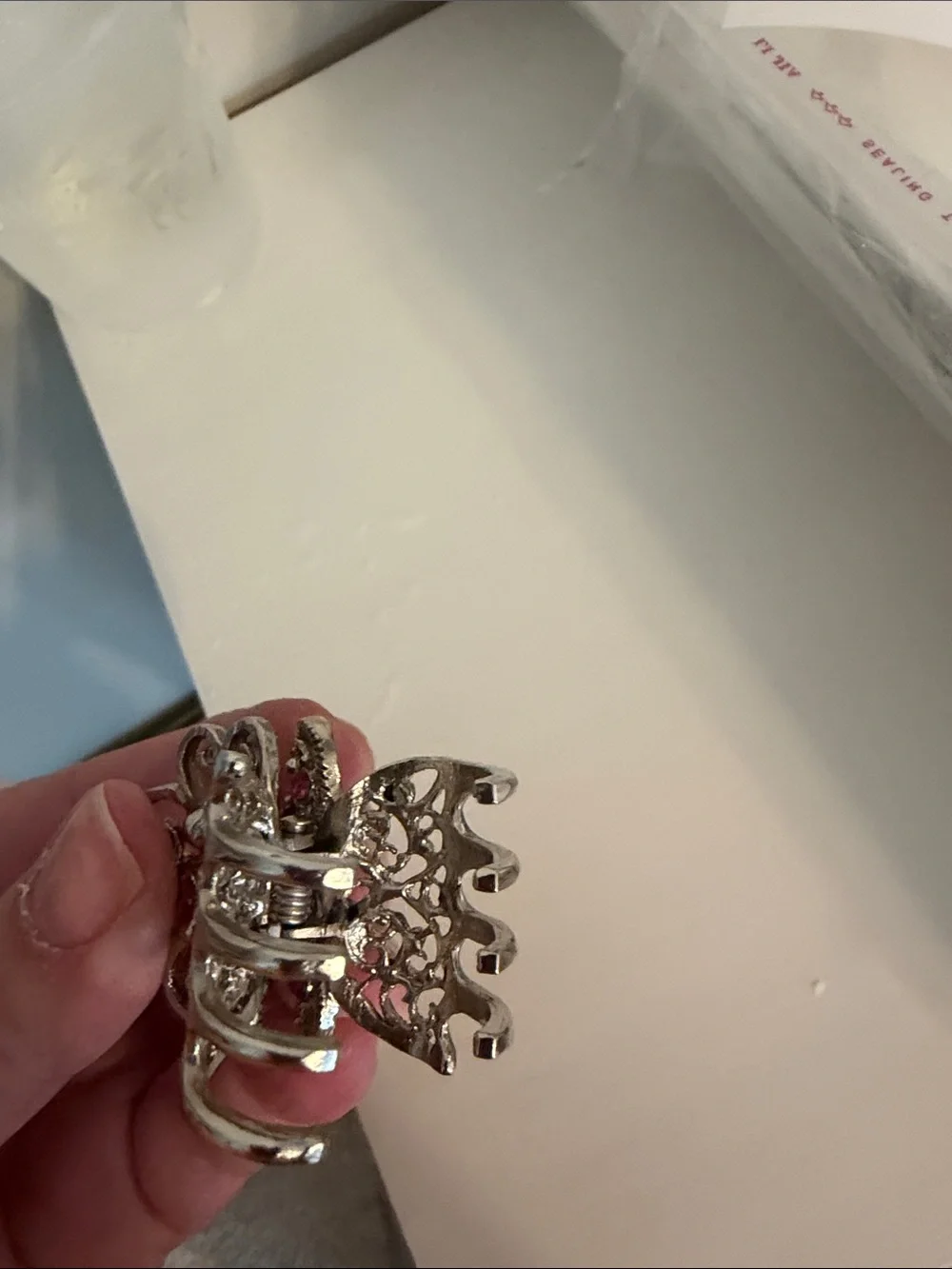 Ornate Silver-Tone Hair Clip/claw with Pink Crystal Accents. Like a butterfly.